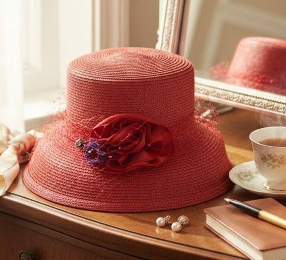 Vintage August Women's Red Derby Hat Polypropylene Dress Hat RN#80934 7x7.5"
